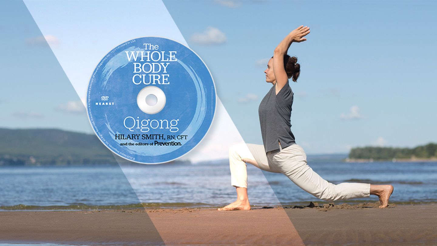 woman practicing Qigong movement on beach and image inset of DVD disc